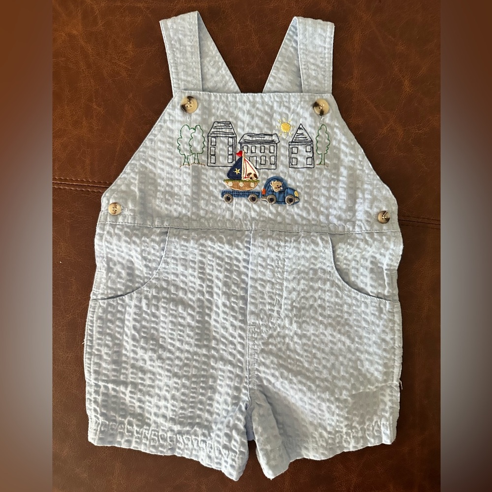 Seersucker Baby Overalls with Embroidered Design